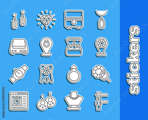 Set line Calliper or caliper and scale, Gem stone, Jewelry store, box, Electronic jewelry scales, Earrings and Diamond engagement icon. Vector