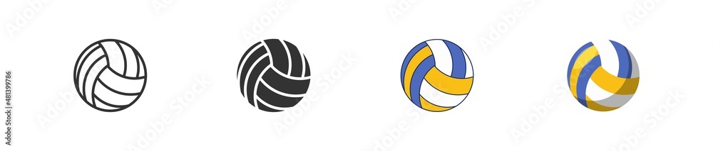 Volleyball icon set in different styles. Black and flat isolated sport ball icons. Vector