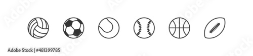 Sport ball black line icon set. Volleyball, football, tennis, baseball,  basketball isolated vector