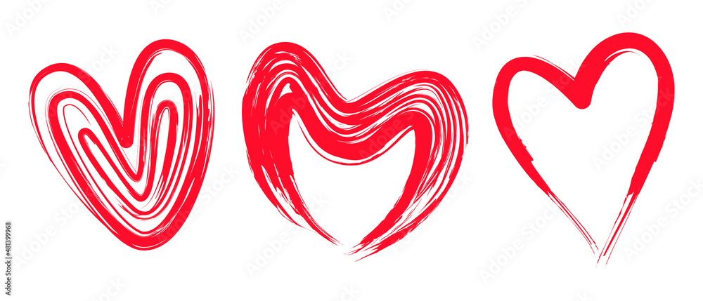 Three red vector hearts in an abstract brush stroke design style on an isolated white background