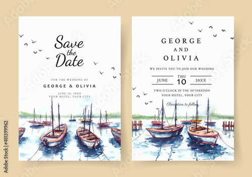 Watercolor wedding invitation of nature landscape with harbor and boat watercolor