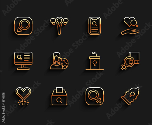 Set line Feminism, Female vote right, Male gender, Condom, Women from different countries, Book about women and Debate podium rostrum icon. Vector