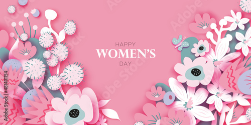Floral Happy Womens Day. 8 March. Trendy Mothers Day. Paper cut Flowers. Origami Flowers. Spring blossom on pink. Heart frame. Text. Seasonal holiday. Modern decoration. Very peri.