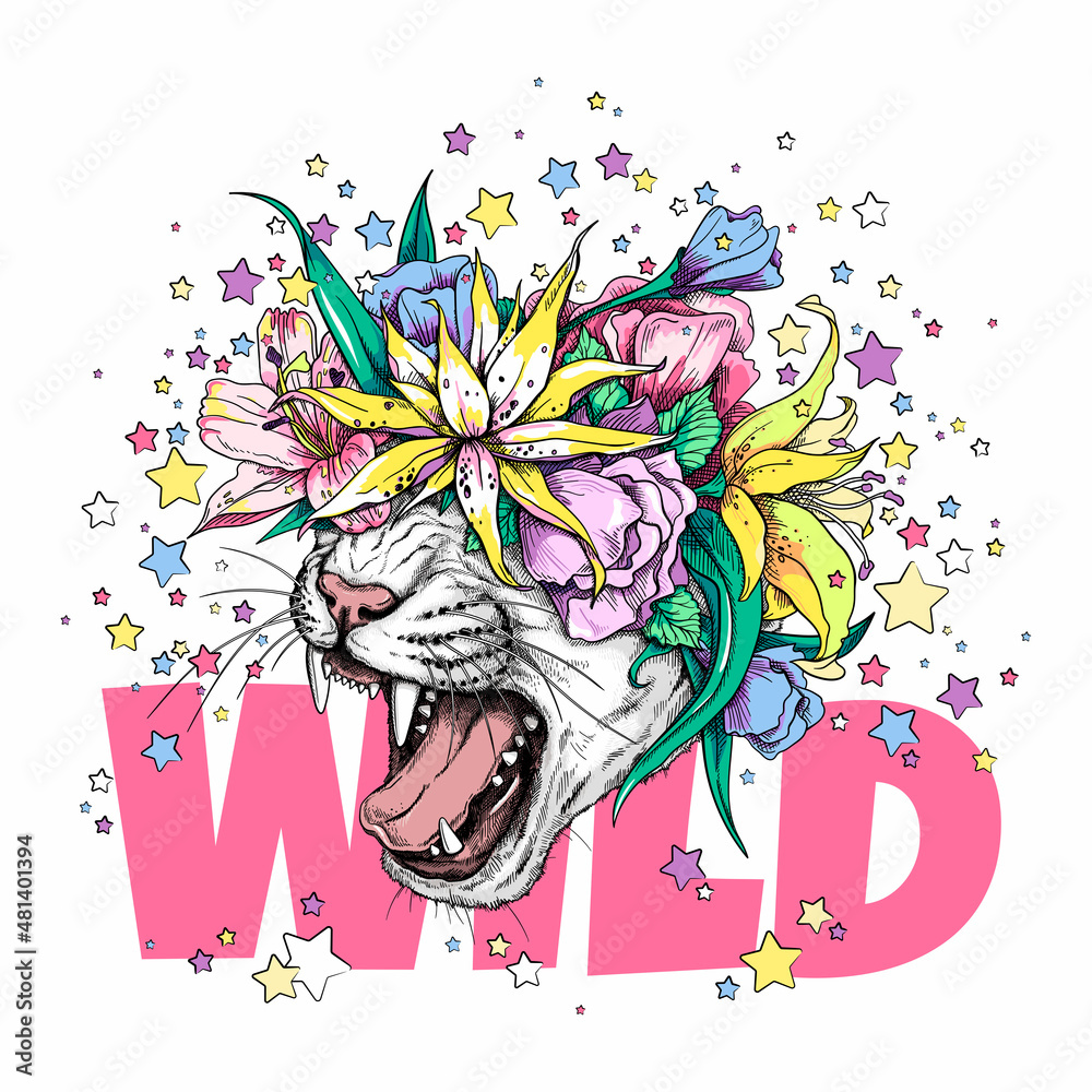 Cute cartoon wild cat head in a floral wreath. Beautiful predator with flowers and stars. Stylish image for printing on any surface