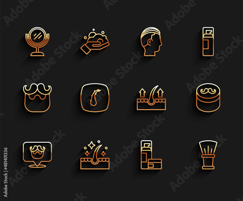 Set line Barbershop, Oil for hair care treatment, Hand mirror, Shaving gel foam, brush, Human follicle, Gel wax styling and icon. Vector