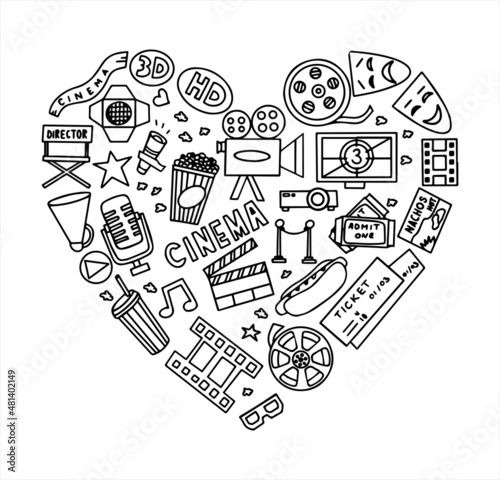 Cinema, TV Shows, Series and Movies Funny Doodle Vector set. Hand drawn colorful illustration. Set for podcast, awards and radio. Background