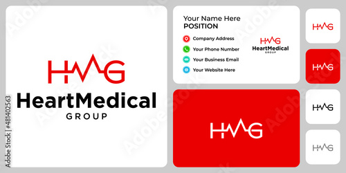 Letter H M G monogram heart medical logo design with business card template.