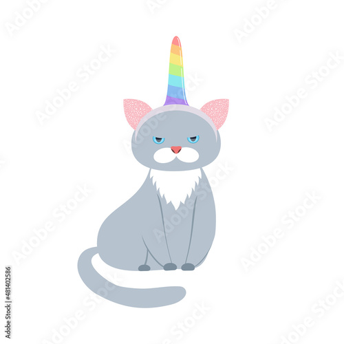 disgruntled cat with a hoop with unicorn horn. vector