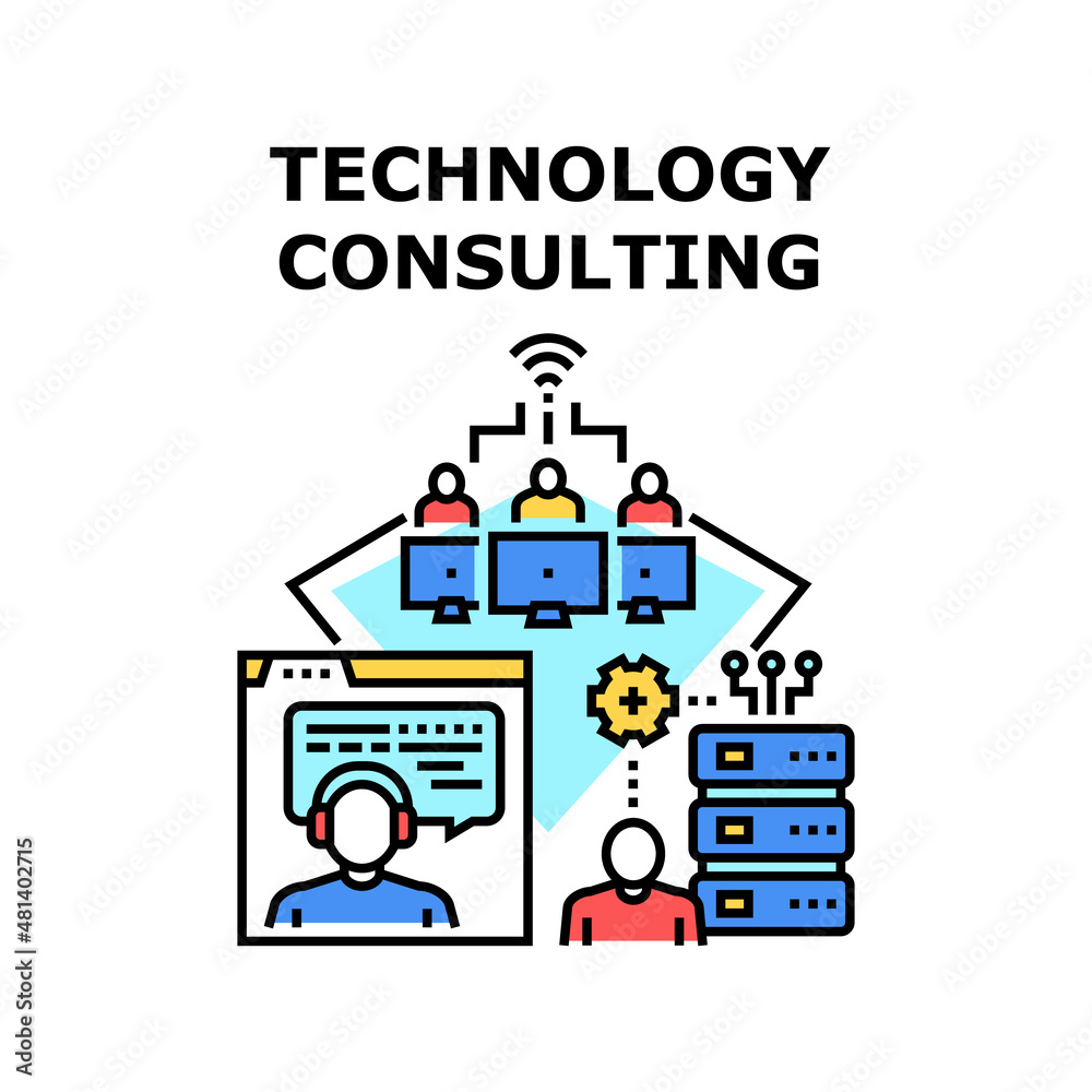Technology consulting business service. counsulting design. information mobile. digital web social teamwork vector concept color illustration