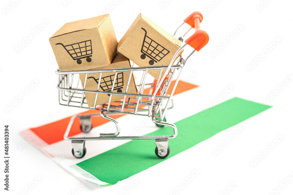 Box with shopping cart logo and Hungary  flag, Import Export Shopping online or eCommerce finance delivery service store product shipping, trade, supplier concept.