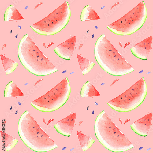 Watermelon piece pattern watercolor art eat pink red seamless repeat pink background summer fruit cafe ice cream taste wrapping paper