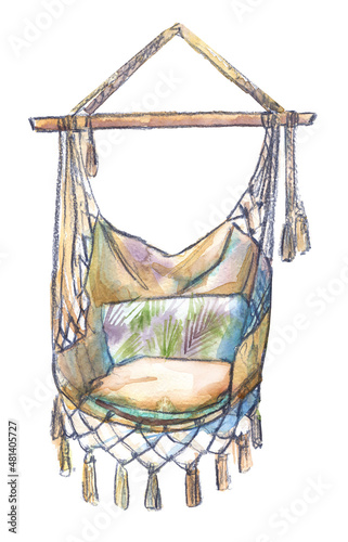 Hammock watercolor isolated hanging chair painted cushion hanging tassels vintage boho style interior design furniture soft home relaxed