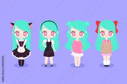 Set of cute chibi anime fashion girls