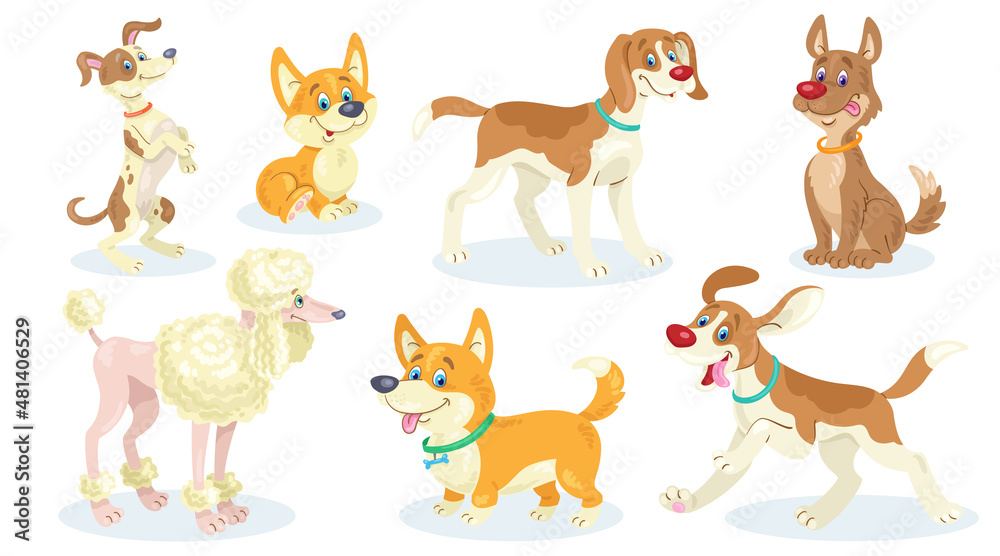 Obraz premium Set of seven funny dogs of different breeds, poses and emotions. In cartoon style. Isolated on white background. Vector flat illustration.
