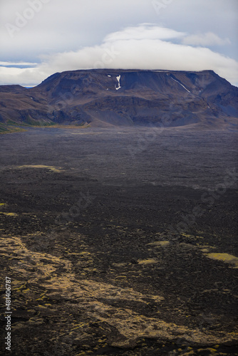 Aerial view of Blafjall tuya volcano and the rugged landscape between Myvatn and the Bardarbunga eruption at Holuhraun, Central Highlands, Iceland