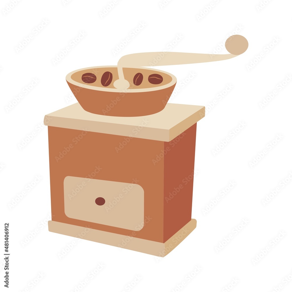 Antique wooden coffee grinder with beans. Windmill vector illustration isolated on white background. Doodle style. Antique wooden coffee grinder with beans. Windmill vector illustration isolated on white background. Doodle style.