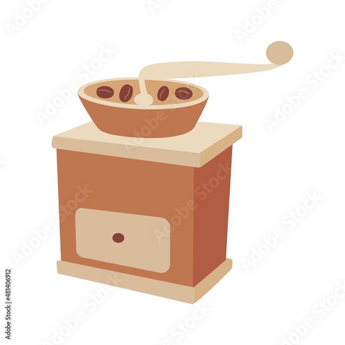 Antique wooden coffee grinder with beans. Windmill vector illustration isolated on white background. Doodle style.