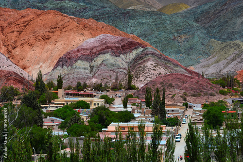 Purmamarca town and the spectacular Hill of Seven Colours (Cerro de Los 7 Colores), Quebrada de Humahuaca, Jujuy, Northwest Argentina photo
