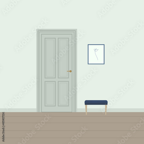 Door between rooms, stool and picture.  Vector illustration in a flat style.  Mint shades.
