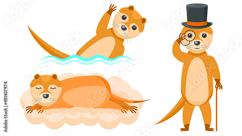 Set Abstract Collection Flat Cartoon Different Animal Otters In A Top Hat And With A Cane, Swim, Floats, Sleeping On A Cloud Vector Design Style Elements Fauna Wildlife