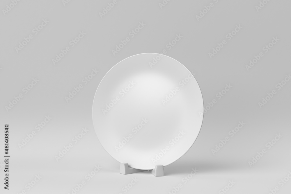 Food dish plate on a Stand Closeup on white background. Design Template, Mock up. 3D render. Food dish plate on a Stand Closeup on white background. Design Template, Mock up. 3D render.