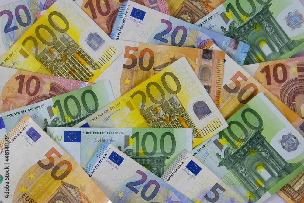 Flat lay of euro bills banknote for financial background Flat lay of euro bills banknote for financial background
