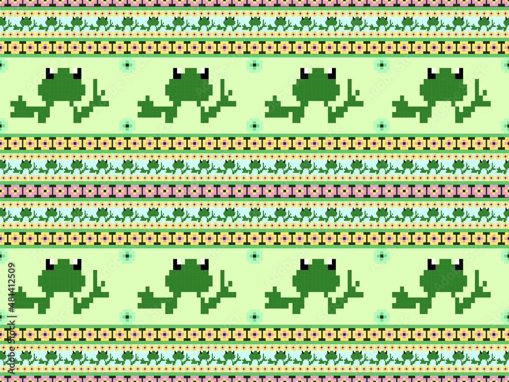 Frog cartoon character seamless pattern on green background.Pixel style