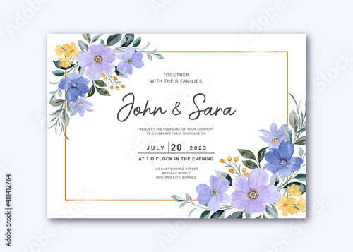Wedding invitation card with yellow purple floral watercolor