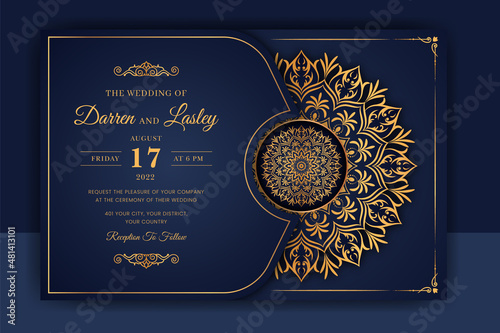 Luxury Mandala Wedding Invitation Card template with golden arabesque pattern Arabic Islamic east background style. Editable vector file. Decorative mandala for print, poster, cover, flyer, banner. 