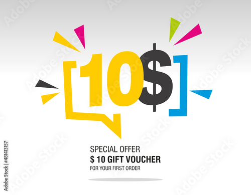 10$ internet website promotion sale offer big sale and super sale modern colorful coupon code dollar 10$ discount gift voucher coupon