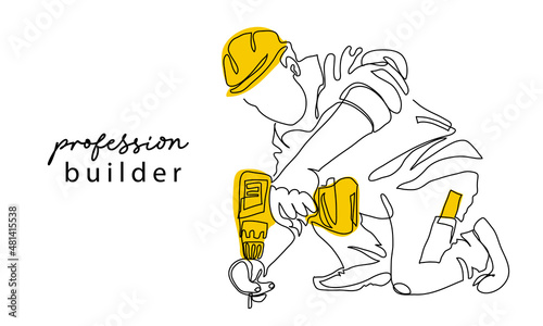 Builder man holding yellow drill and wearing helmet. One continuous line art drawing vector sketch of builder