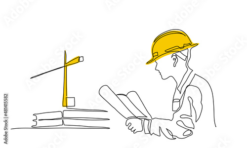 Architect man holding building plan and wearing yellow hardhat. Construction crane on background. One continuous line art drawing vector sketch of architect