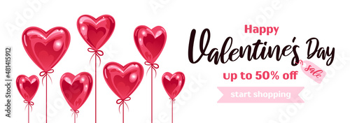 Horizontal banner for Valentines Day. shiny realistic balloons in the shape of a heart. On white background. For advertising banner, website, sale flyer