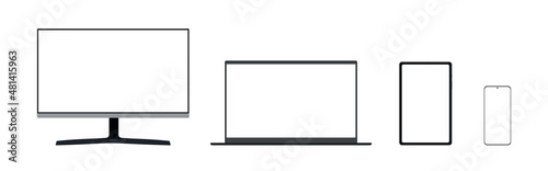 Realistic mockups devices on an isolated background. Vector set of phone, tablet, laptop and computer. Vector illustration.