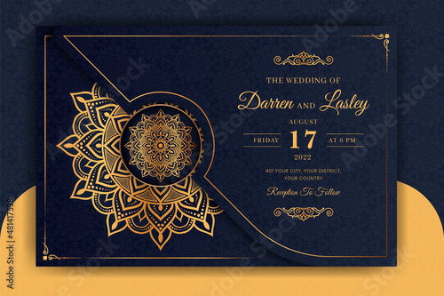 Luxury Mandala Wedding Invitation Card template with golden arabesque pattern Arabic Islamic east background style. Editable vector file. Decorative mandala for print, poster, cover, flyer, banner. 