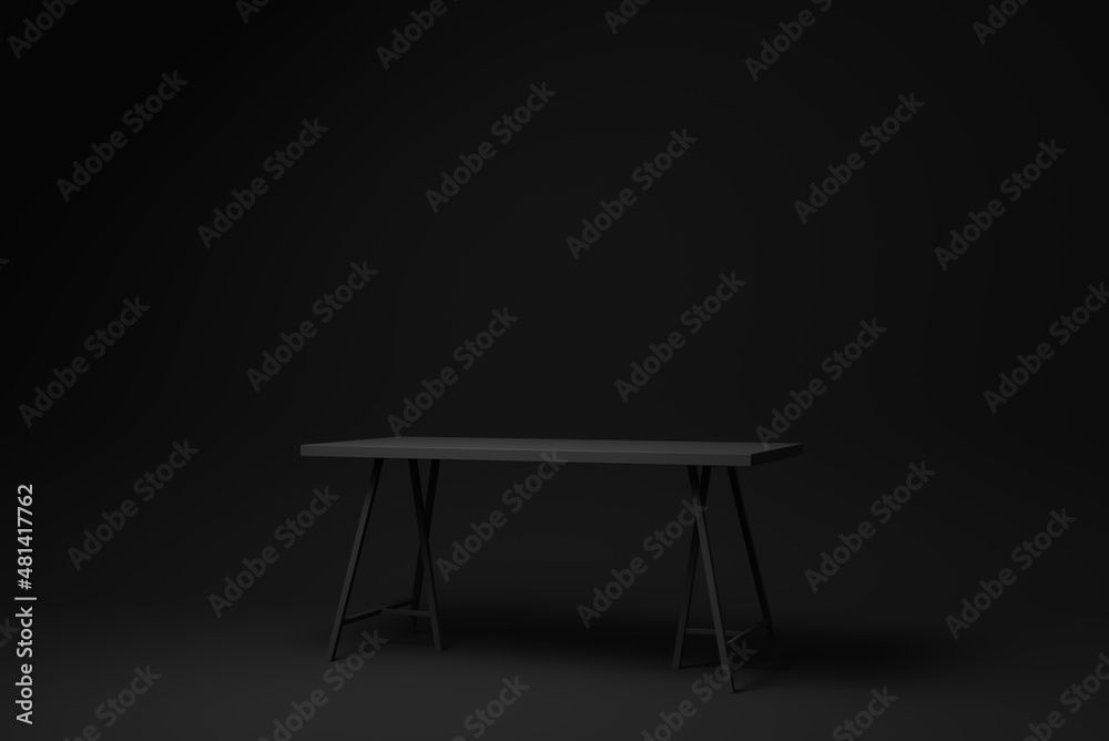 Black modern table on black background. minimal concept idea. monochrome. 3d render. Black modern table on black background. minimal concept idea. monochrome. 3d render.