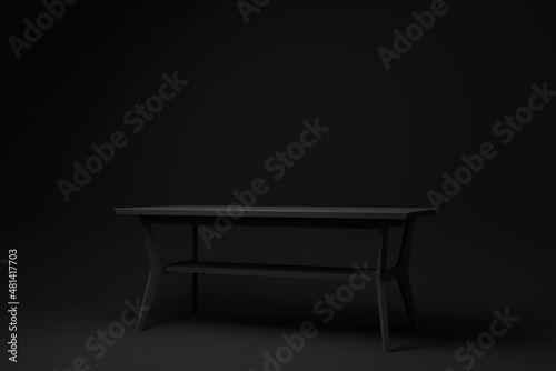 Black modern table or dining table on black background. minimal concept idea. monochrome. 3d render.
