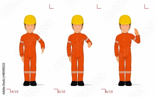 An industrial worker is raising hand
