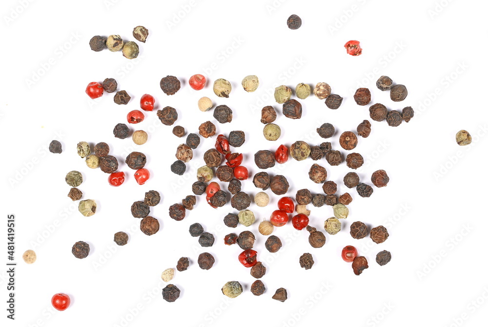Colorful mixed pepper grains isolated on white background, top view Colorful mixed pepper grains isolated on white background, top view