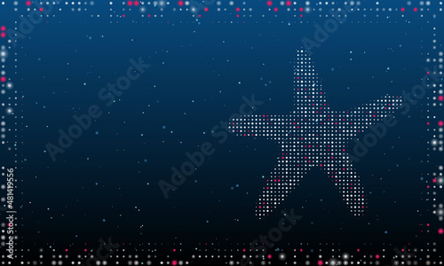 On the right is the starfish symbol filled with white dots. Pointillism style. Abstract futuristic frame of dots and circles. Some dots is pink. Vector illustration on blue background with stars