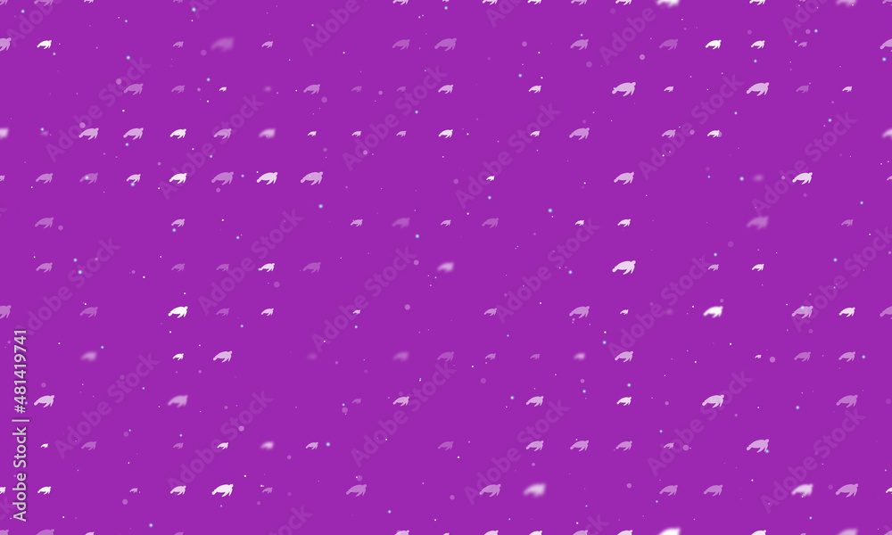 Seamless background pattern of evenly spaced white sea turtle symbols of different sizes and opacity. Vector illustration on purple background with stars