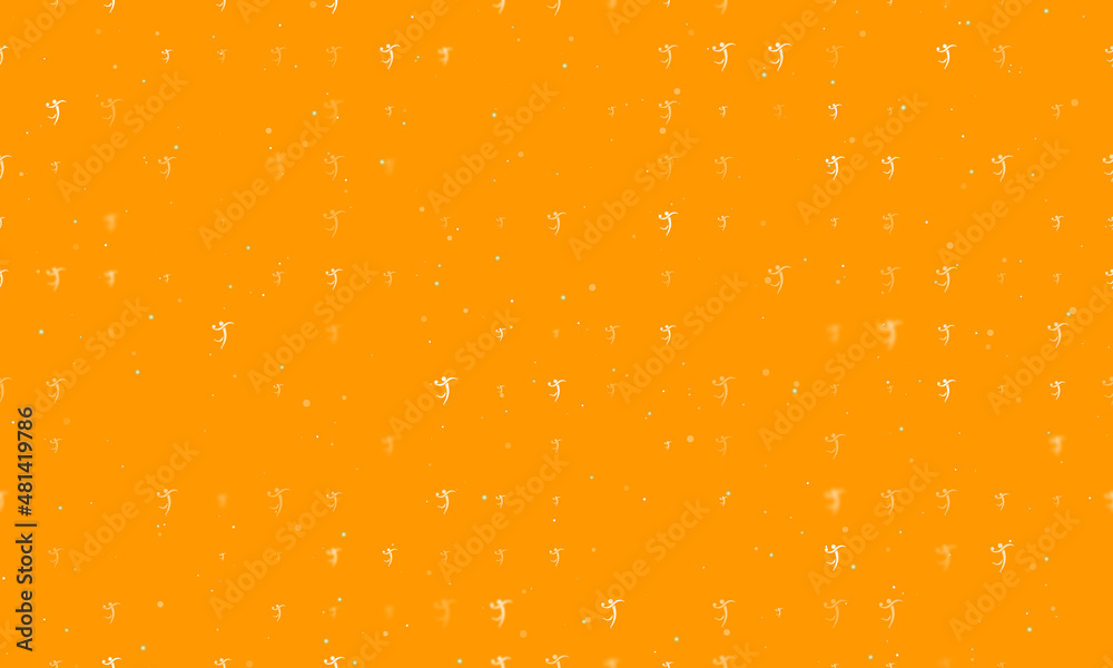Seamless background pattern of evenly spaced white handball symbols of different sizes and opacity. Vector illustration on orange background with stars Seamless background pattern of evenly spaced white handball symbols of different sizes and opacity. Vector illustration on orange background with stars