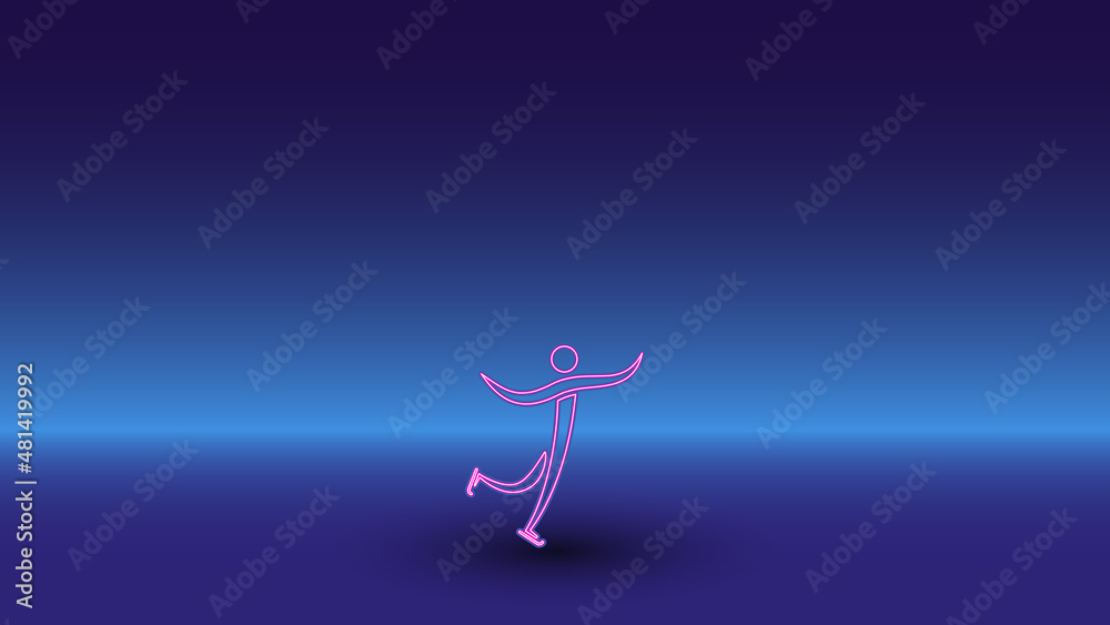 Neon figure skating symbol on a gradient blue background. The isolated symbol is located in the bottom center. Gradient blue with light blue skyline Neon figure skating symbol on a gradient blue background. The isolated symbol is located in the bottom center. Gradient blue with light blue skyline