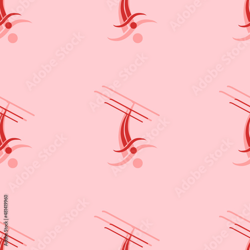 Seamless pattern of large isolated red freestyle skiing symbols. The elements are evenly spaced. Vector illustration on light red background