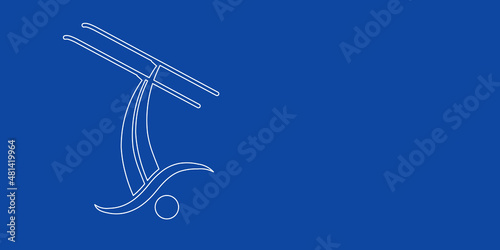 A large white outline freestyle skiing symbol on the left. Designed as thin white lines. Vector illustration on blue background