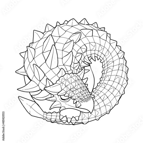 Cute ankylosaurus sleeps curled up on a white background.