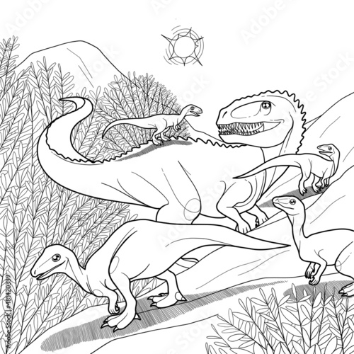 Small dinosaurs jumping around a giganotosaurus in a hilly landscape.