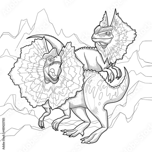 Two grawling dilophosauruses with abstract hilly background.