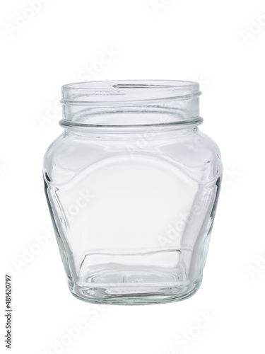 An empty glass jar for canned food, without a lid. Isolated on a white background