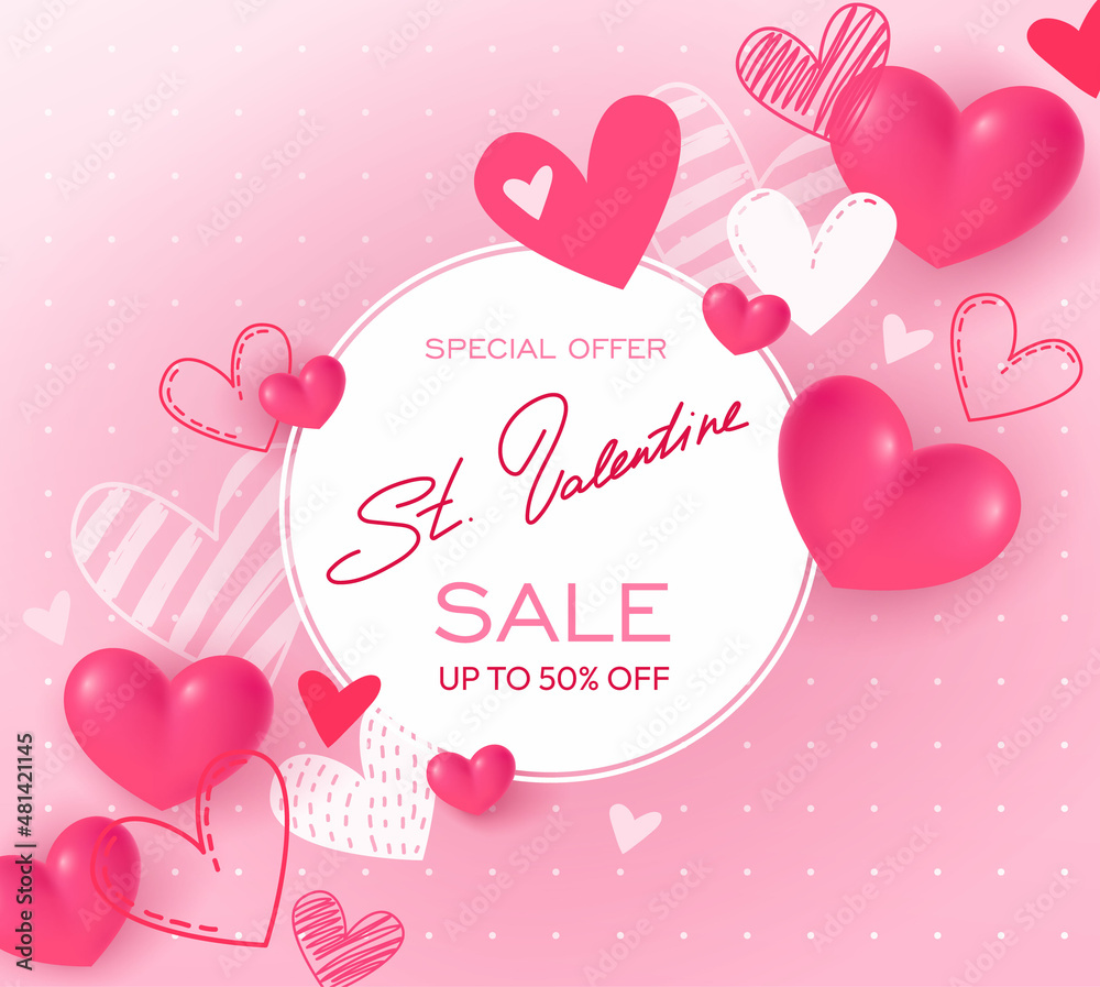Valentine's day spring sale vector banner template with colorful hearts, and spring season discount promotional text in white frame.